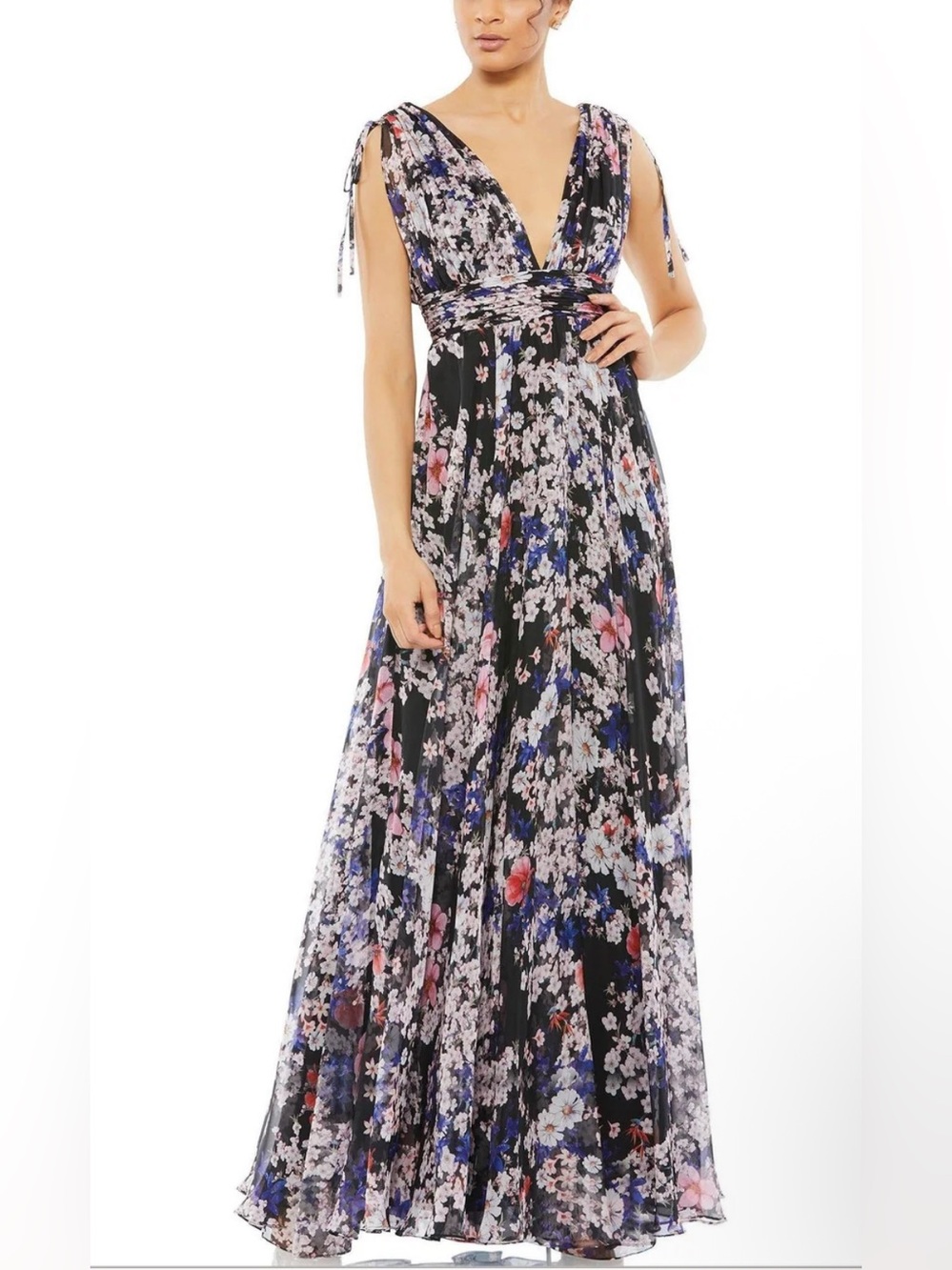 Leena For 55414 Mac Duggal Dress Chiffon Tie Sleeveless In Black Floral New
